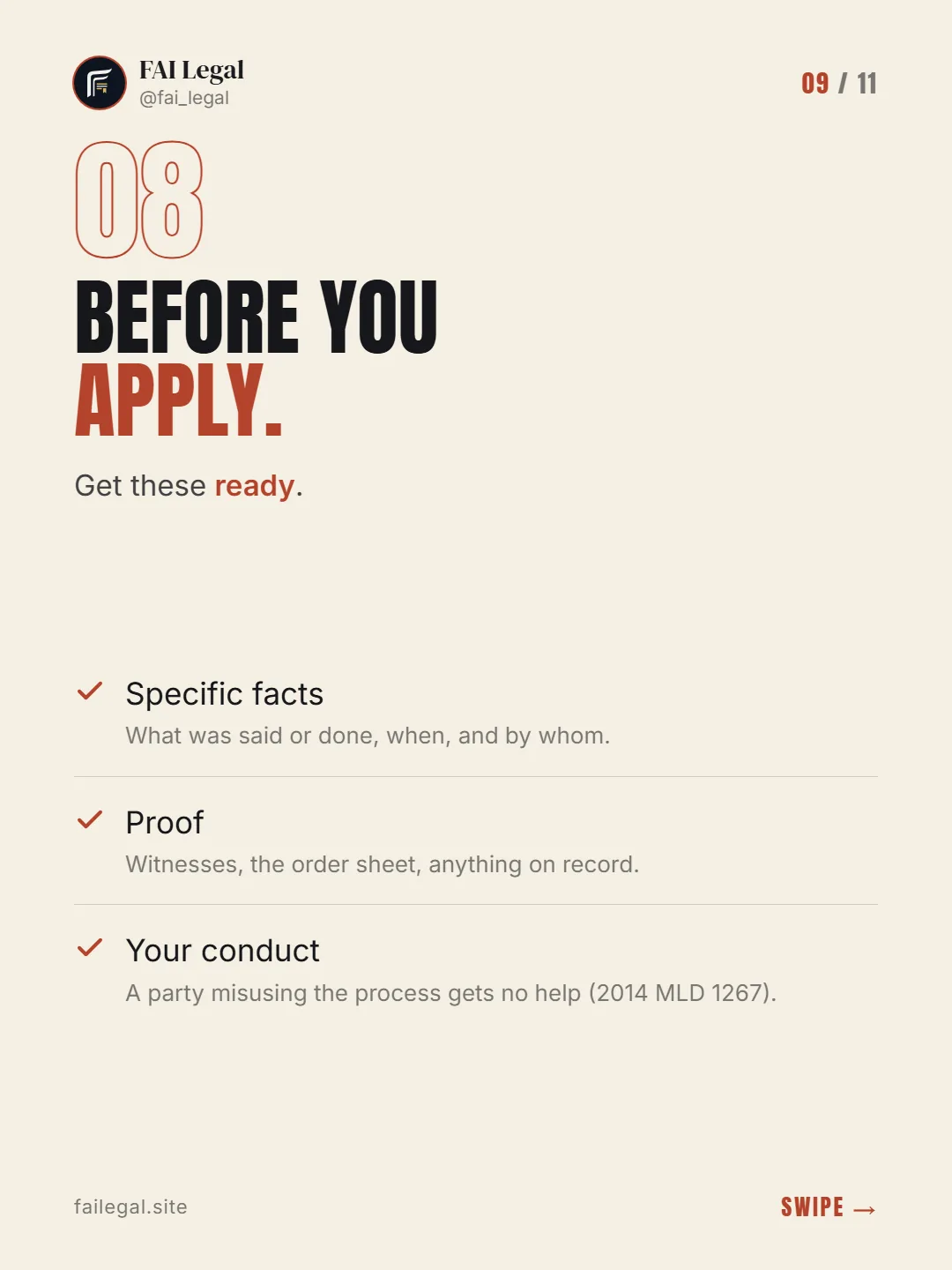 Before you apply. · Get these ready. · Specific facts · Proof · Your conduct