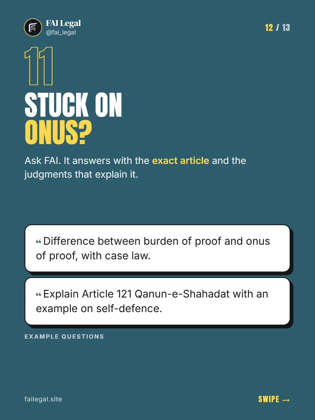 Stuck on onus? · Ask FAI. It answers with the exact article and the judgments that explain it. · Difference between burden of proof and onus of proof, with case law. · Explain Article 121 Qanun-e-Shahadat with an example on self-defence.
