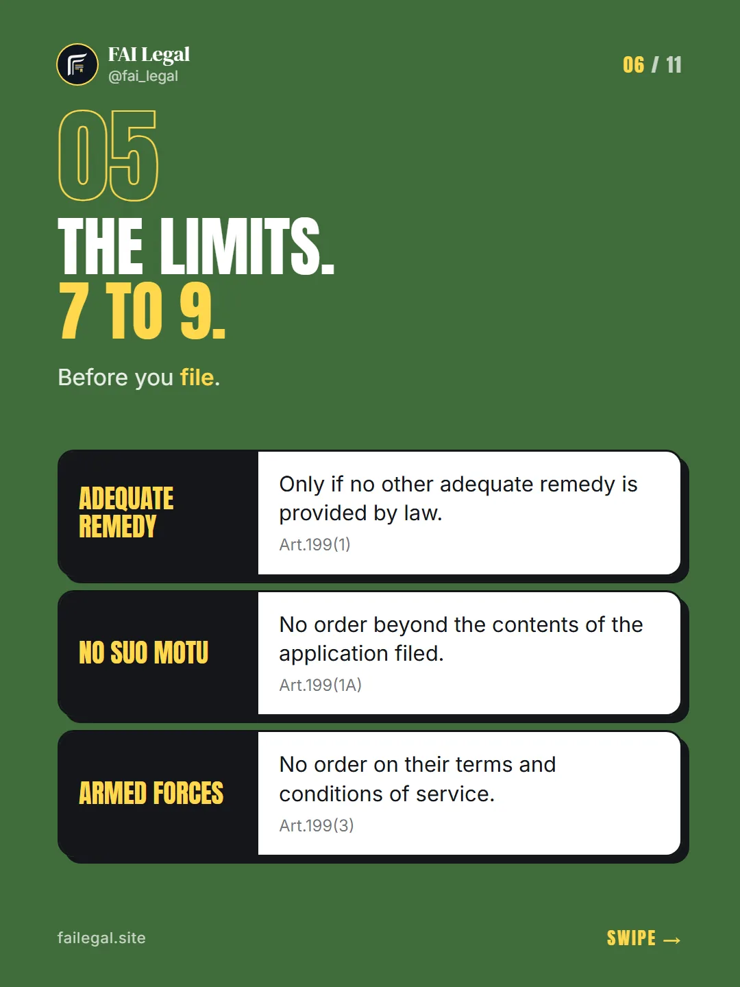 The limits. 7 to 9. · Before you file. · Adequate remedy · No suo motu · Armed Forces