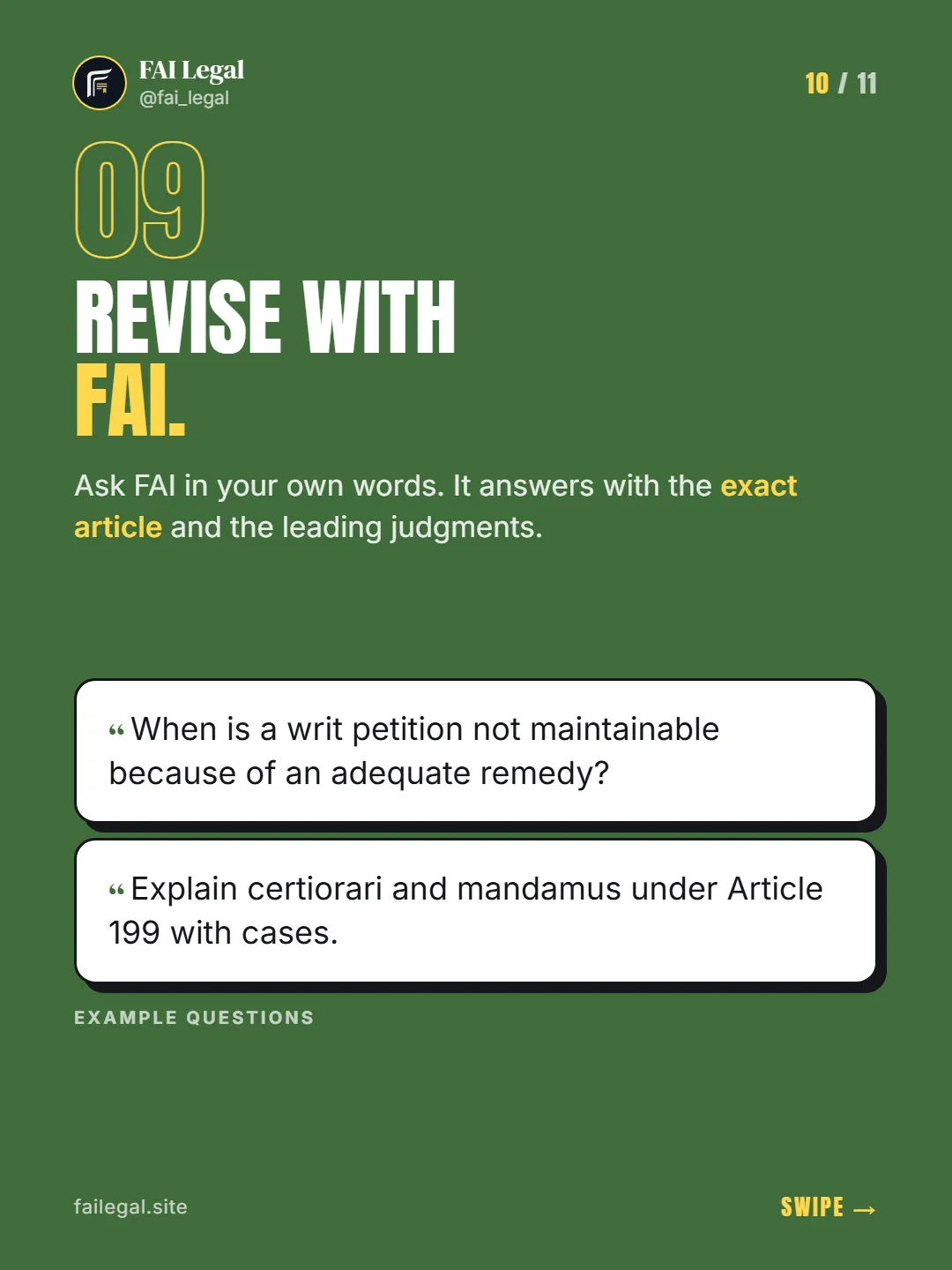 Revise with FAI. · Ask FAI in your own words. It answers with the exact article and the leading judgments. · When is a writ petition not maintainable because of an adequate remedy? · Explain certiorari and mandamus under Article 199 with cases.
