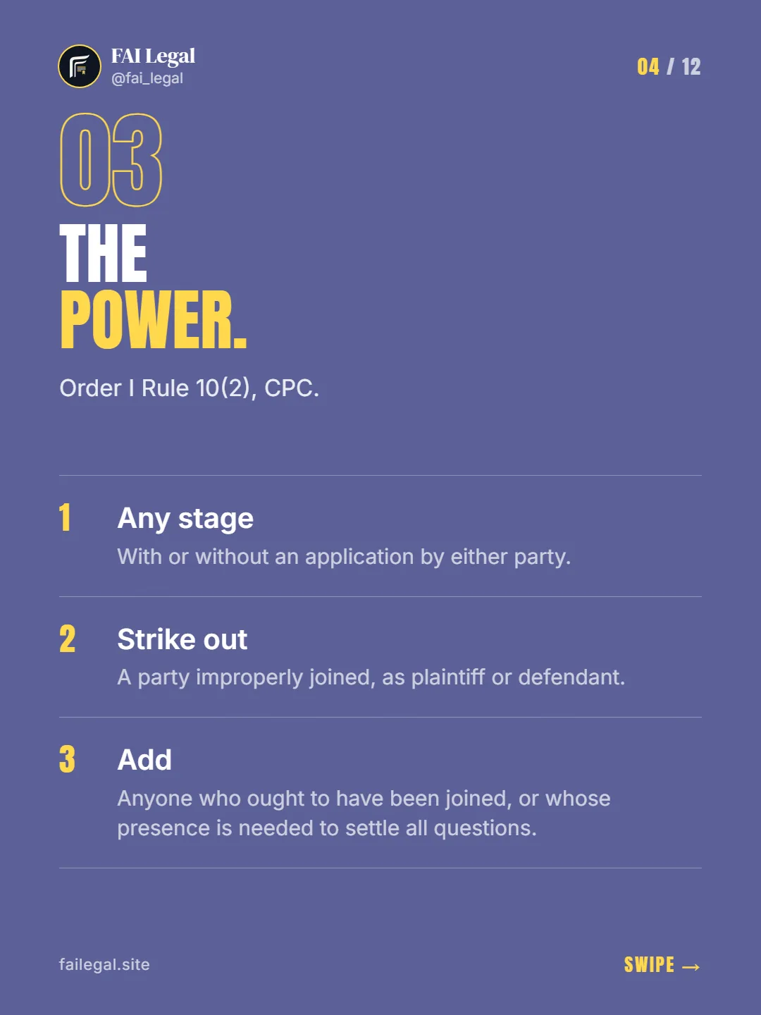 The power. · Order I Rule 10(2), CPC. · Any stage · Strike out · Add
