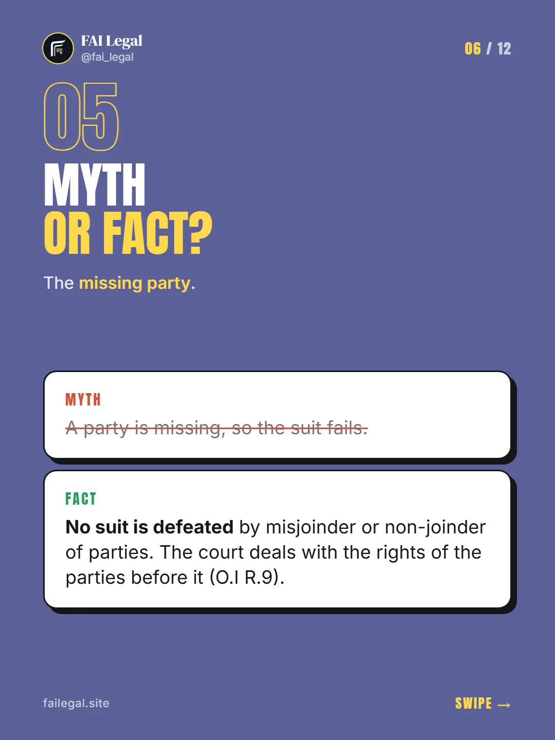 Myth or fact? · The missing party. · Myth: A party is missing, so the suit fails. · Fact: No suit is defeated by misjoinder or non-joinder of parties. The court deals with the rights of the parties before it (O.I R.9).