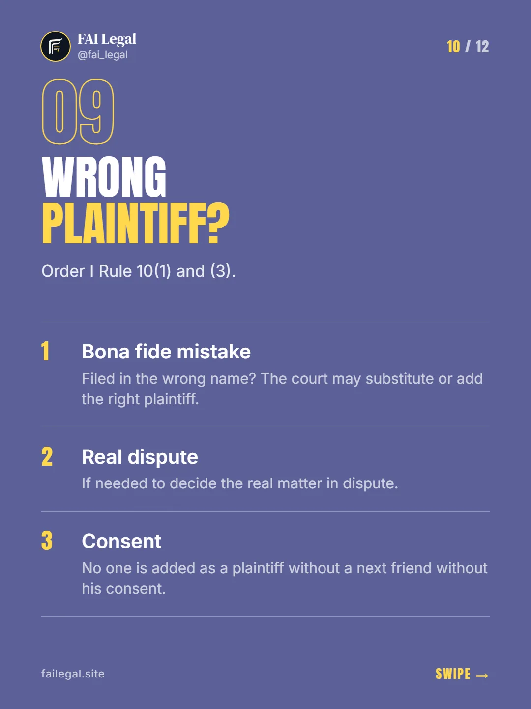 Wrong plaintiff? · Order I Rule 10(1) and (3). · Bona fide mistake · Real dispute · Consent