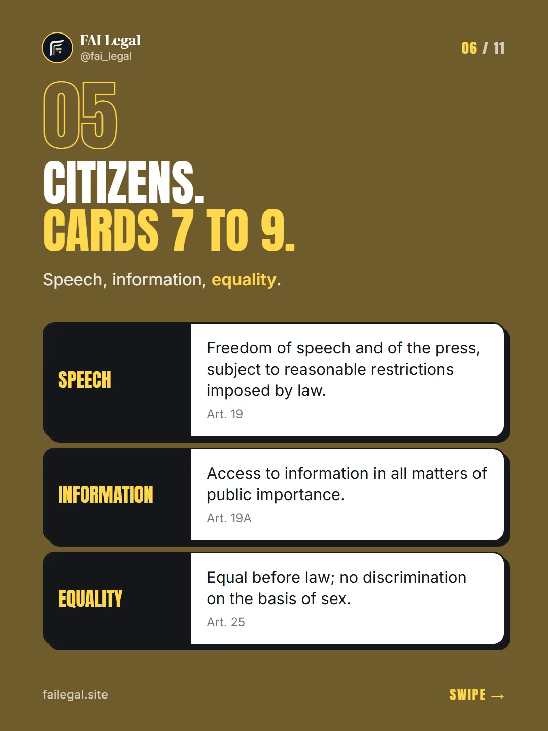 Citizens. Cards 7 to 9. · Speech, information, equality. · Speech · Information · Equality