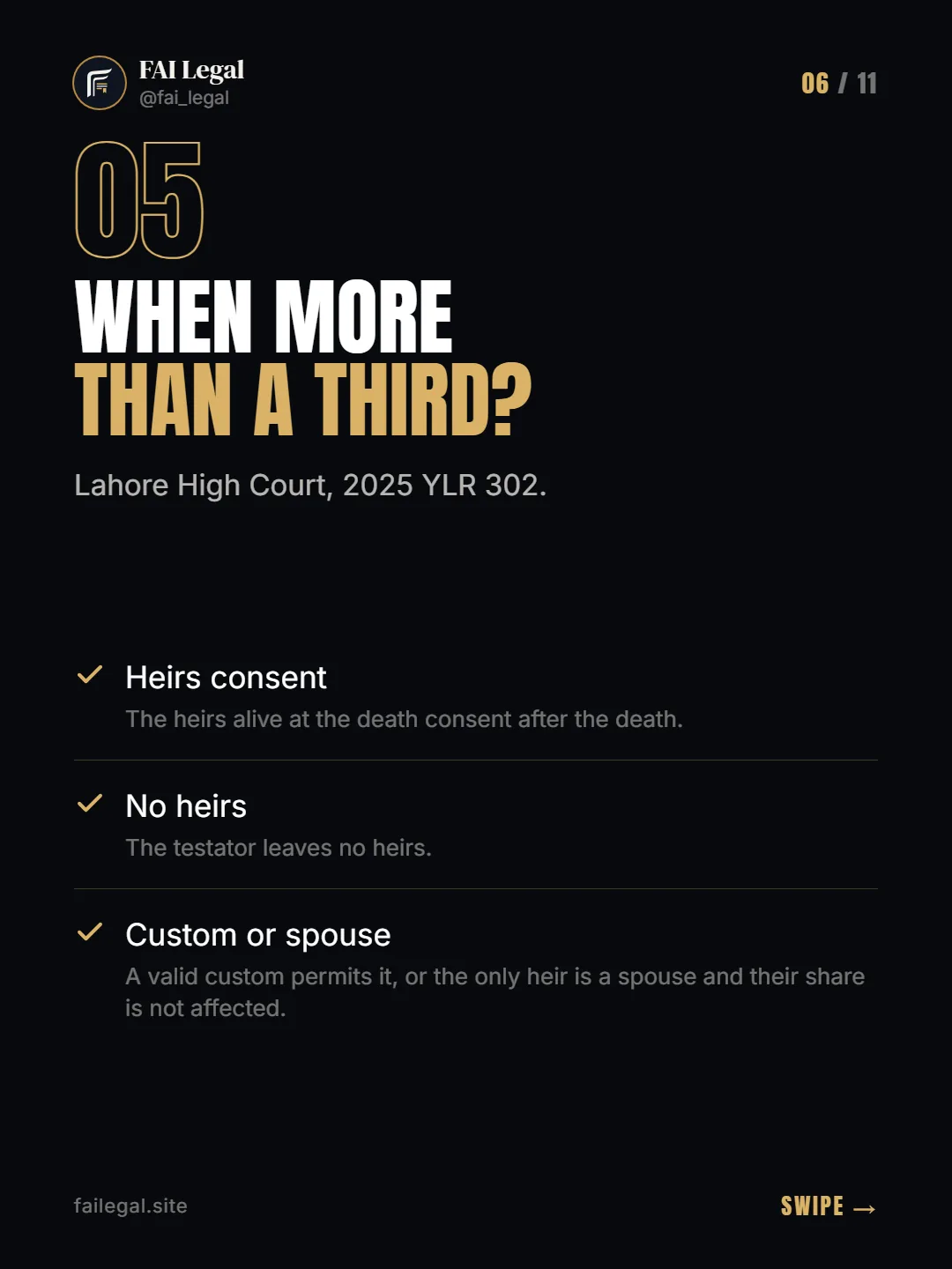 When more than a third? · Lahore High Court, 2025 YLR 302. · Heirs consent · No heirs · Custom or spouse