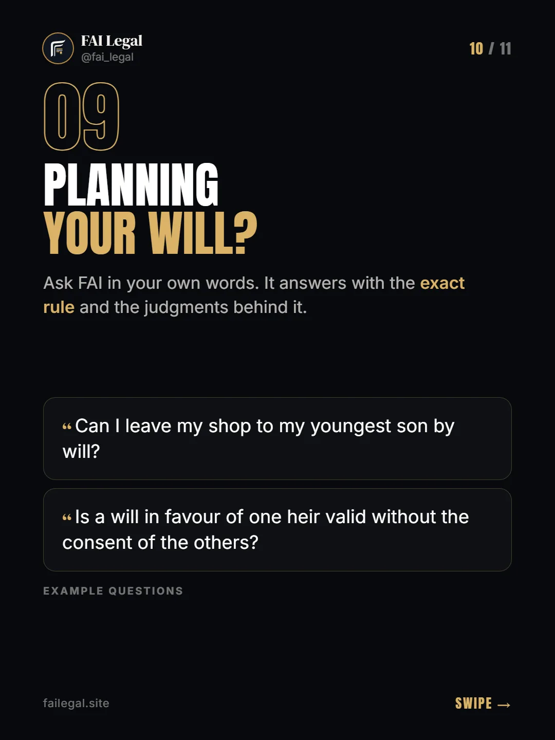 Planning your will? · Ask FAI in your own words. It answers with the exact rule and the judgments behind it. · Can I leave my shop to my youngest son by will? · Is a will in favour of one heir valid without the consent of the others?